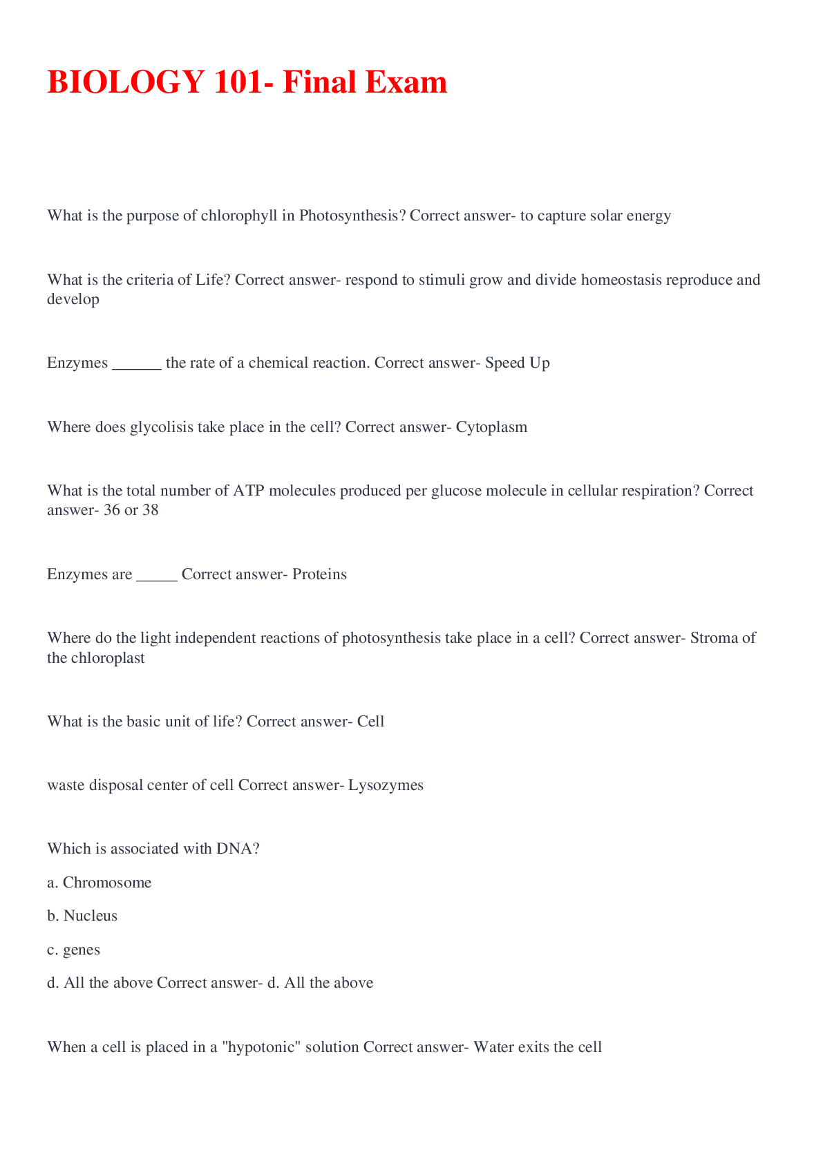 Preview image of BIOLOGY 101- Final Exam document